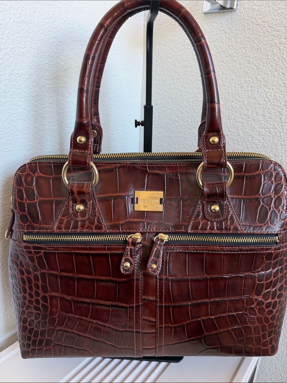 VINTAGE MODALU Grab Bag  Brown Croc-Embossed Satchel with Gold Hardware